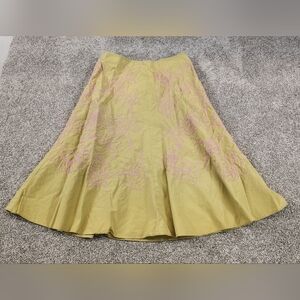 J Jill  Green Skirt Pink Embroidered Flowers Button Side Size 6